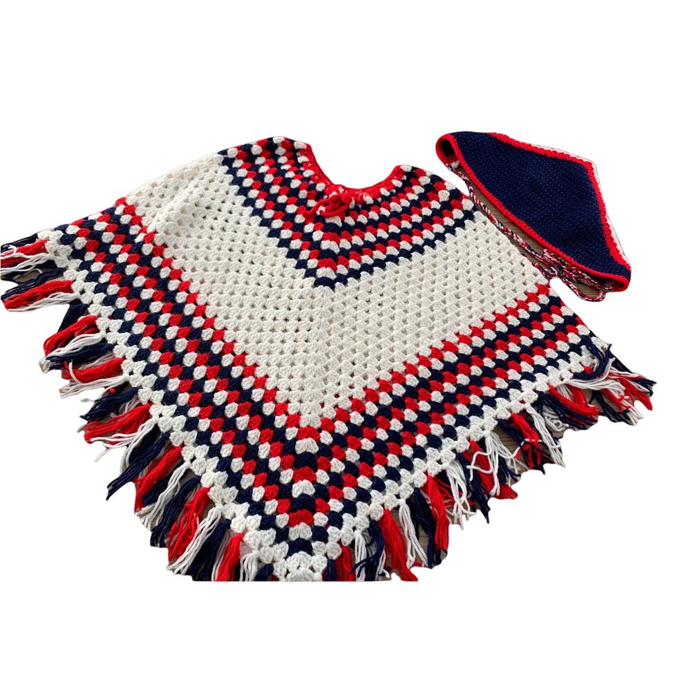 Amazing Vintage Crochet Festival Fringed Poncho & head scarf